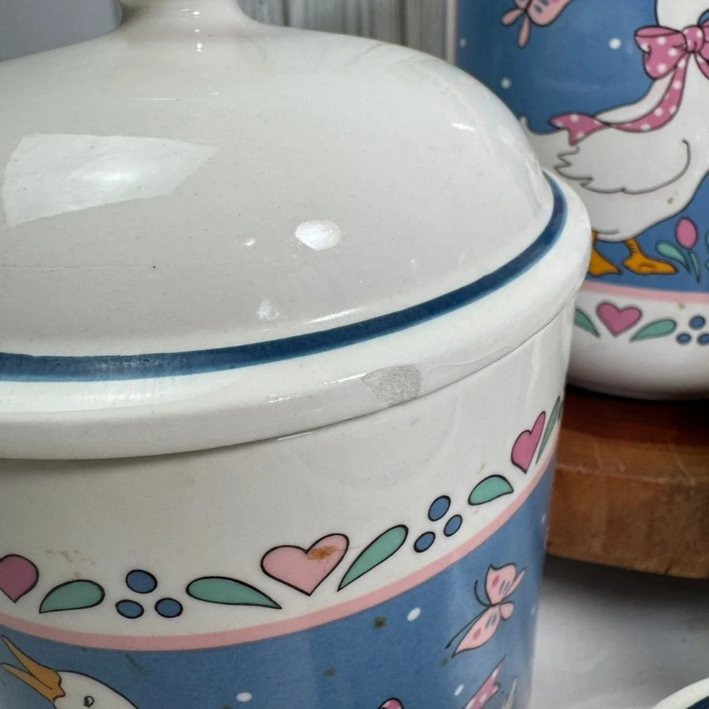 Vintage Country Goose Ceramic Canister Set 4 Piece Blue Pink Hearts 80s Kitchen